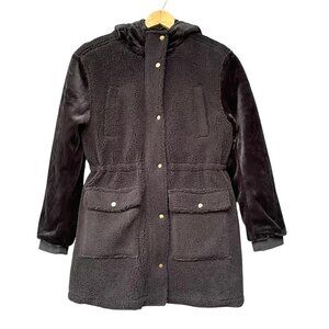 NWOT Eden Society Black Sherpa Faux Fur Hooded Coat Womens S Adjustable Waist